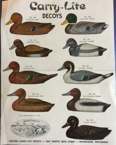 Illustration of various types of duck decoys from a catalog, featuring different species and corresponding model numbers.