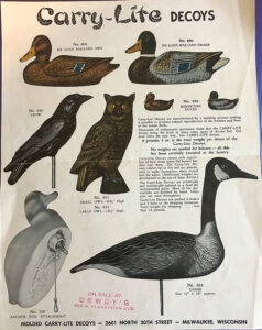Vintage advertisement page for carry-lite decoys, featuring illustrations of various duck and bird decoys with descriptions and model numbers.