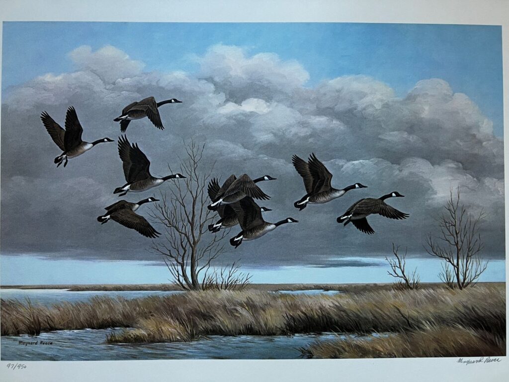 Painting of seven geese in flight over a coastal landscape with bare trees and cloudy skies.