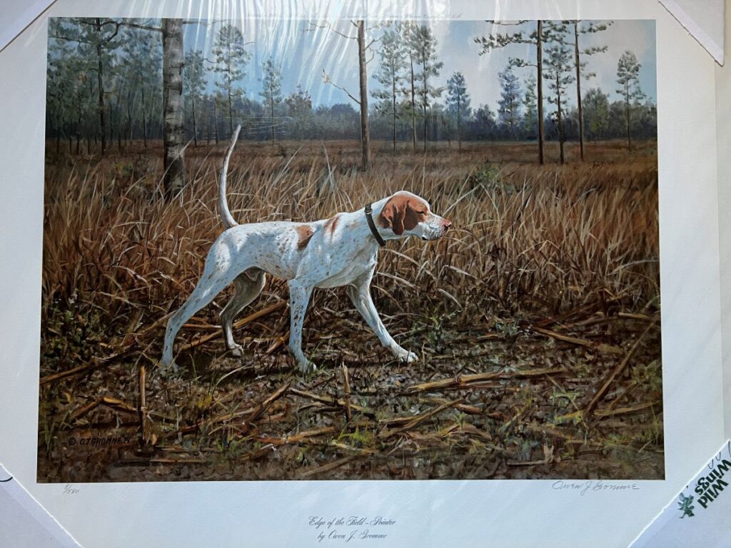 A painting of a white and brown dog standing alert in a forest clearing surrounded by tall grass and sparse trees.
