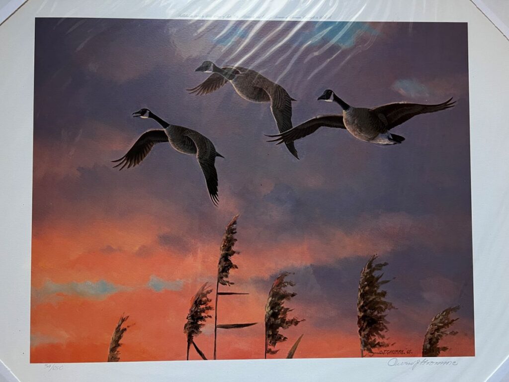 Painting of three geese flying at dusk, with an orange and blue sky background and silhouetted vegetation at the bottom.